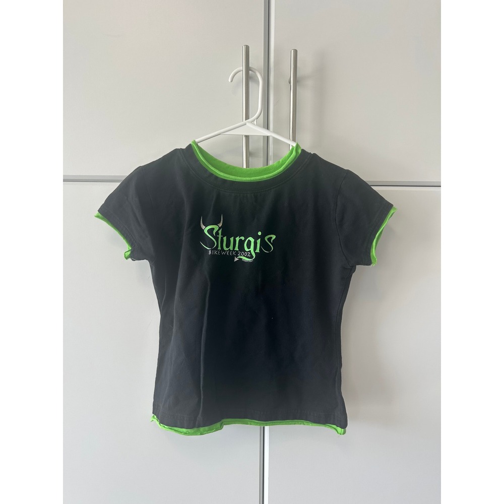 Sturgis Bike Week 2007 Graphic‎ T-Shirt Black Lime Green Double Layer Baby Tee
